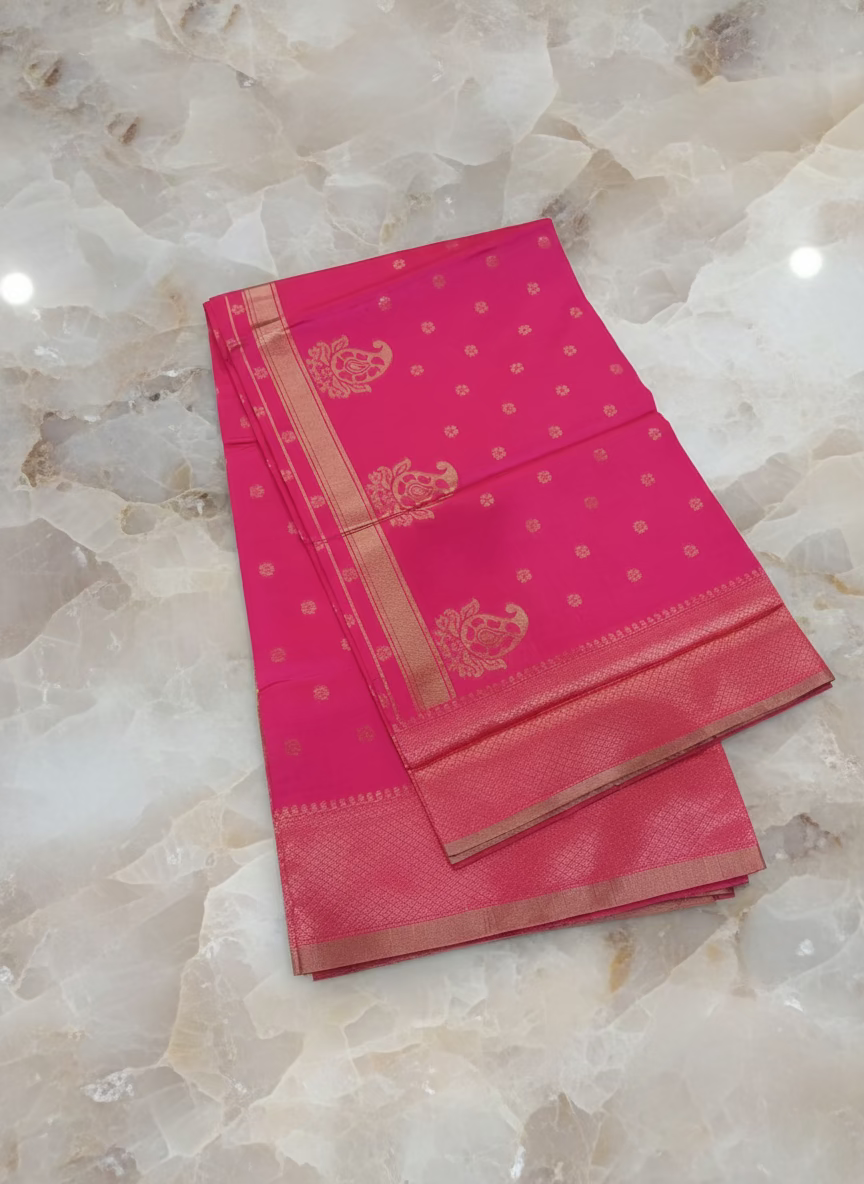 Semi Kanchipuram Silk Saree with Gold Zari Buttas and Pallu in Royal Pink