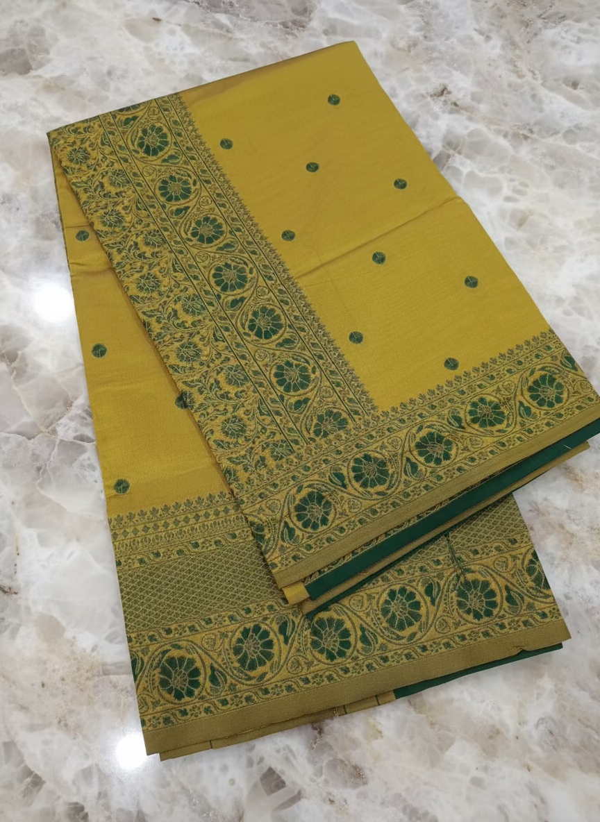 Semi Kanchipuram Silk Saree with Gold Zari Buttas and Contrast Pallu and Border in Yellow Green color
