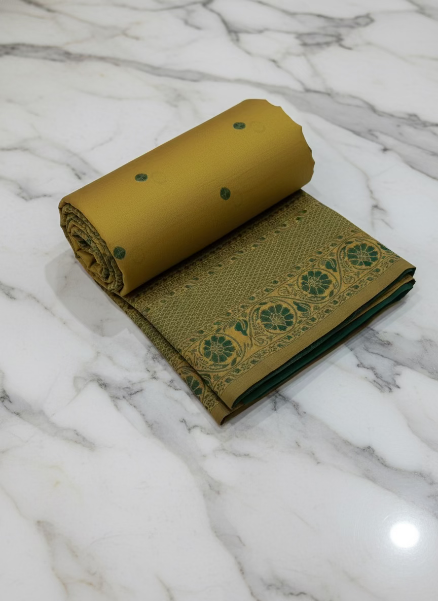 Semi Kanchipuram Silk Saree with Gold Zari Buttas and Contrast Pallu and Border in Yellow Green color