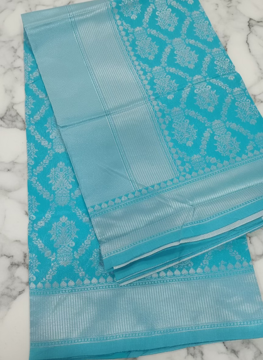 Semi Kanchipuram Silk Saree with Gold Zari Buttas and Pallu in Artic Blue Color
