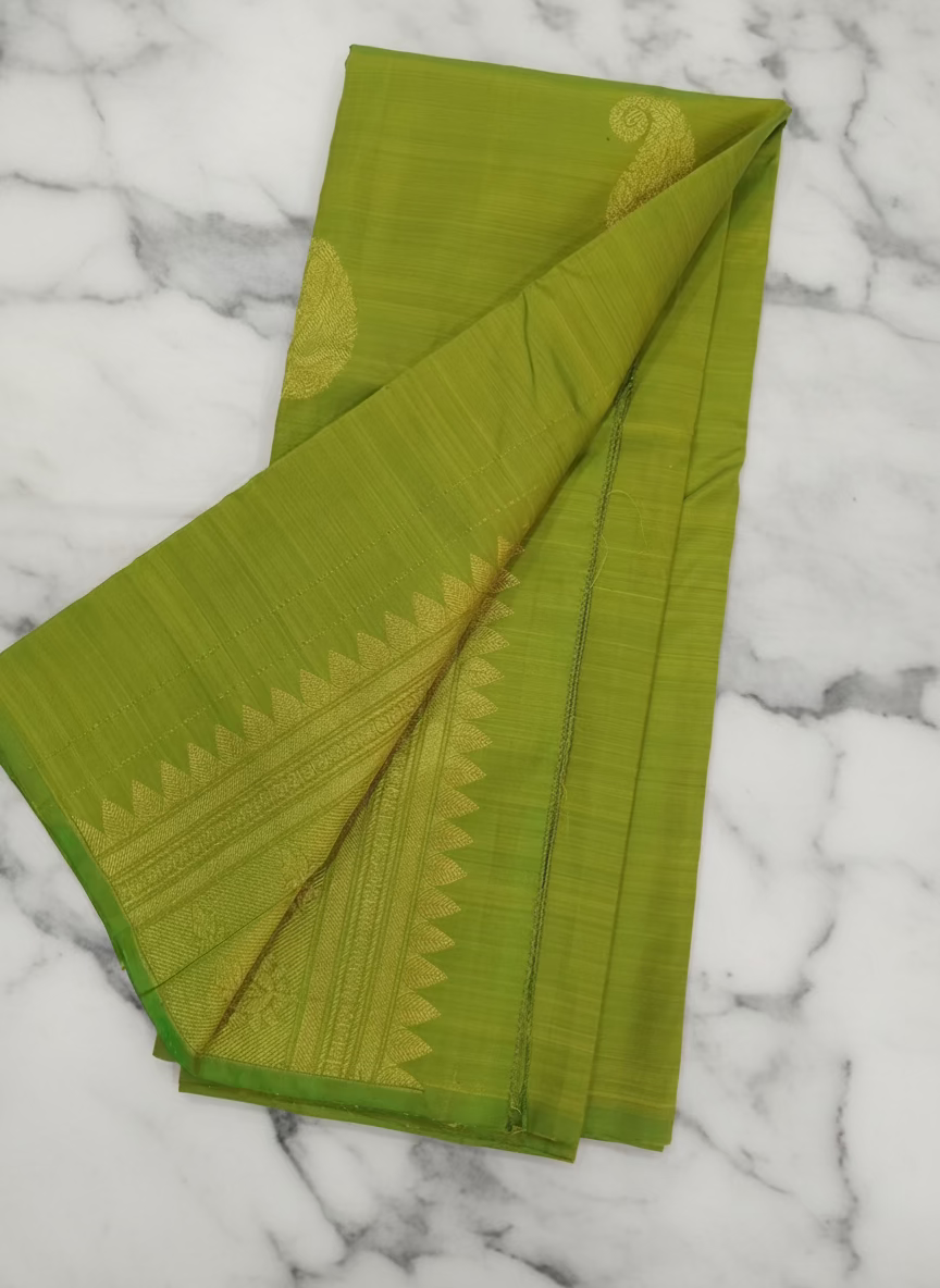 Kanchipuram Pure Silk Saree with bright gold Zari Motifs in Fresh Green leaf Color