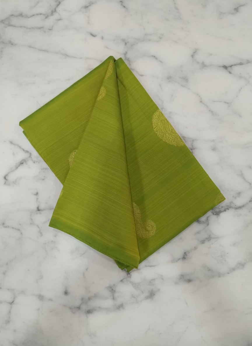 Kanchipuram Pure Silk Saree with bright gold Zari Motifs in Fresh Green leaf Color