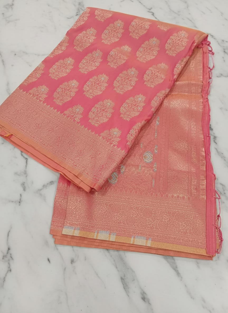 Kanchipuram Pure Silk Saree with Butta Motif in Coral Peach Color