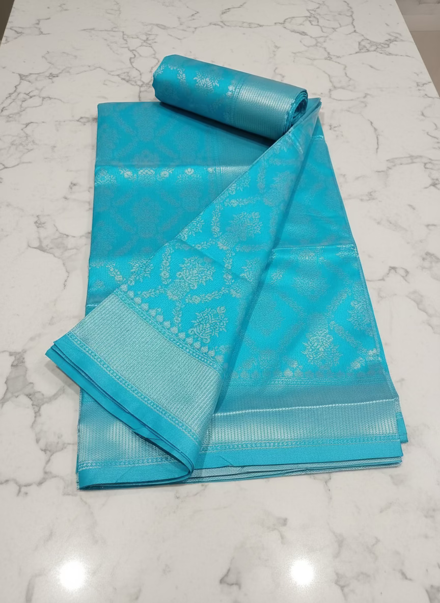 Semi Kanchipuram Silk Saree with Gold Zari Buttas and Pallu in Artic Blue Color