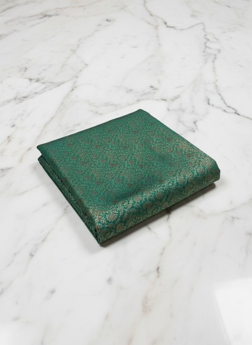 Kanchipuram Pure Silk Saree with detailed Gold Zari Butta motifs and luxurious Pallu with stick on Minakari in Bluish Green color