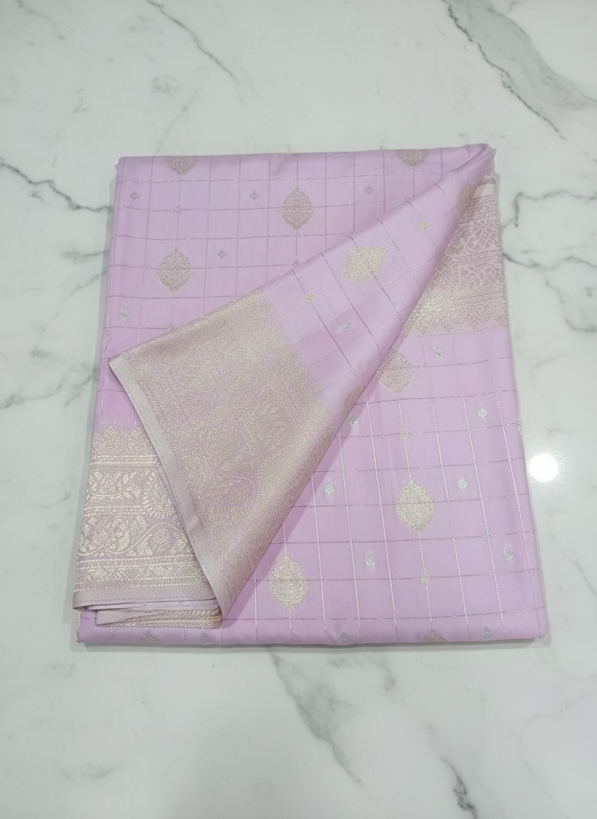 Kanchipuram Pure Silk saree with Gold Zari checkered pattern with Gold Butta all over saree and pallu