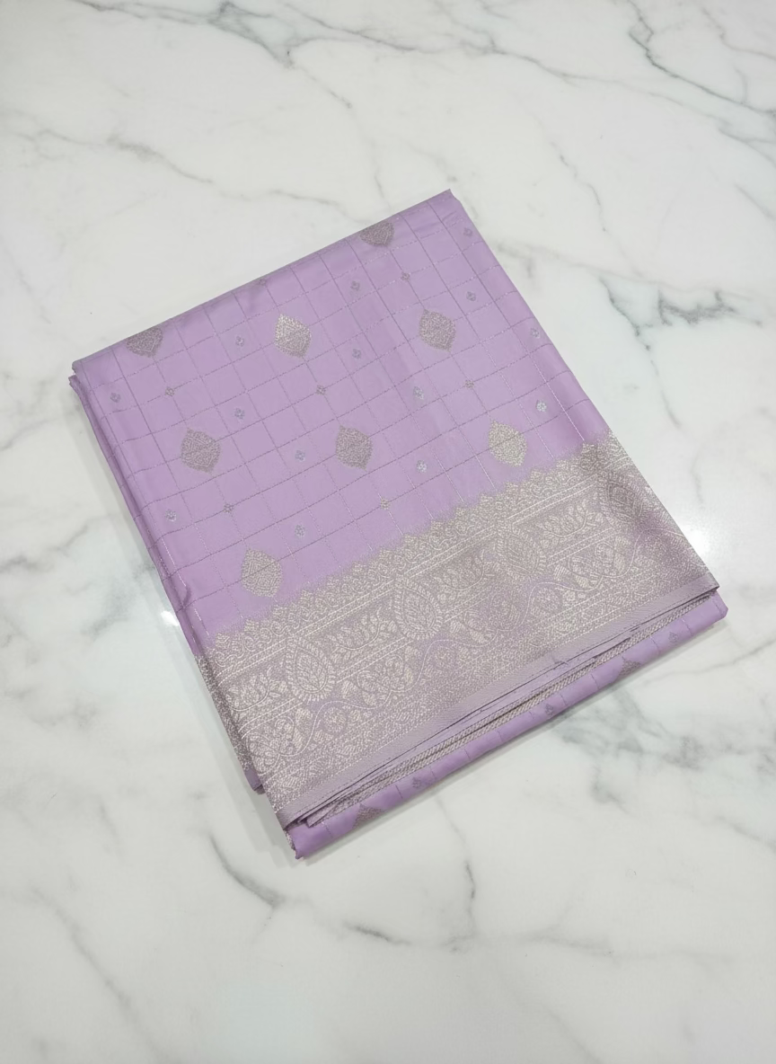 Kanchipuram Pure Silk saree with Gold Zari checkered pattern with Gold Butta all over saree and pallu