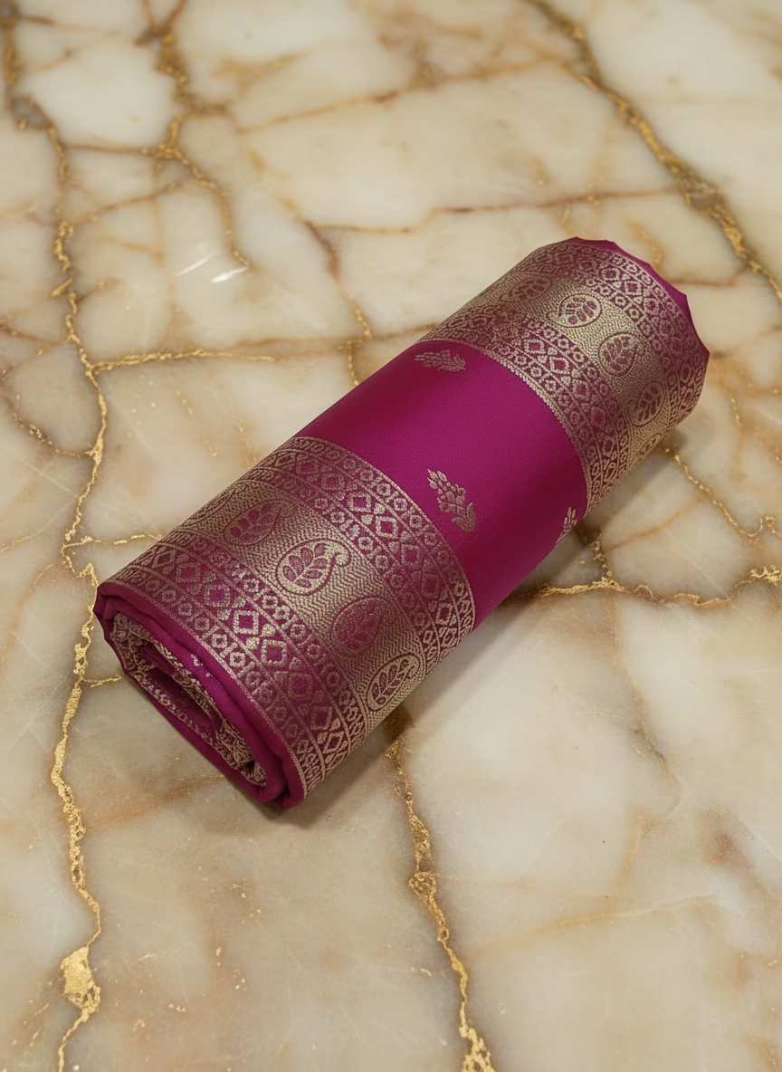 Banarasi Pure Silk Saree with mini gold zari butta motif all over saree with elaborate gold zari border and pallu inDark Pink color
