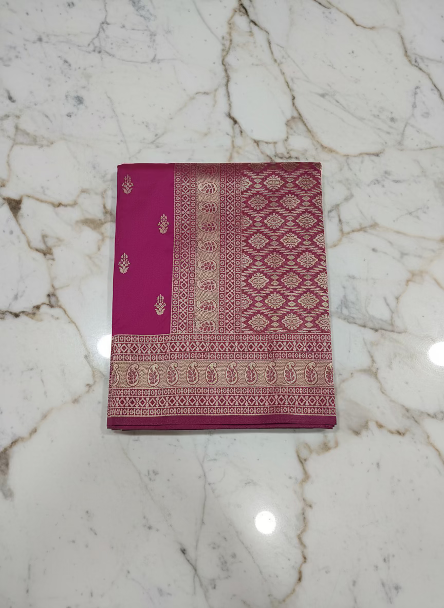 Banarasi Pure Silk Saree with mini gold zari butta motif all over saree with elaborate gold zari border and pallu inDark Pink color
