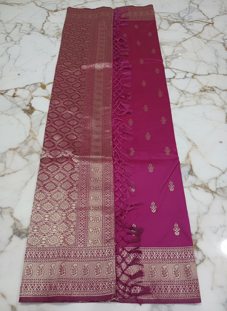 Banarasi Pure Silk Saree with mini gold zari butta motif all over saree with elaborate gold zari border and pallu inDark Pink color