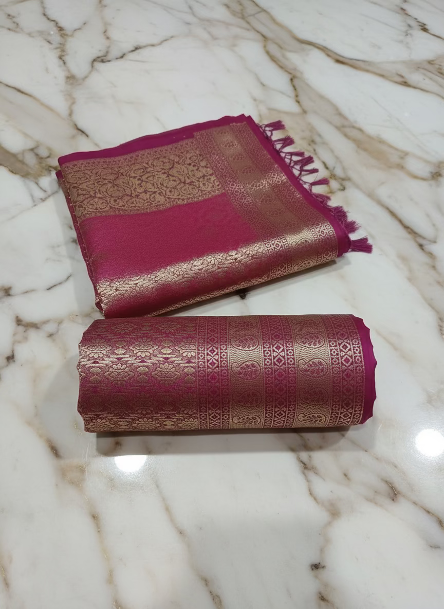 Banarasi Pure Silk Saree with mini gold zari butta motif all over saree with elaborate gold zari border and pallu inDark Pink color