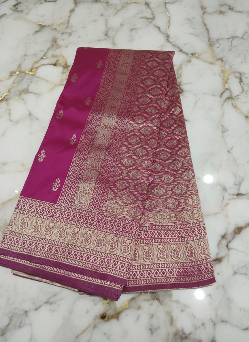 Banarasi Pure Silk Saree with mini gold zari butta motif all over saree with elaborate gold zari border and pallu inDark Pink color