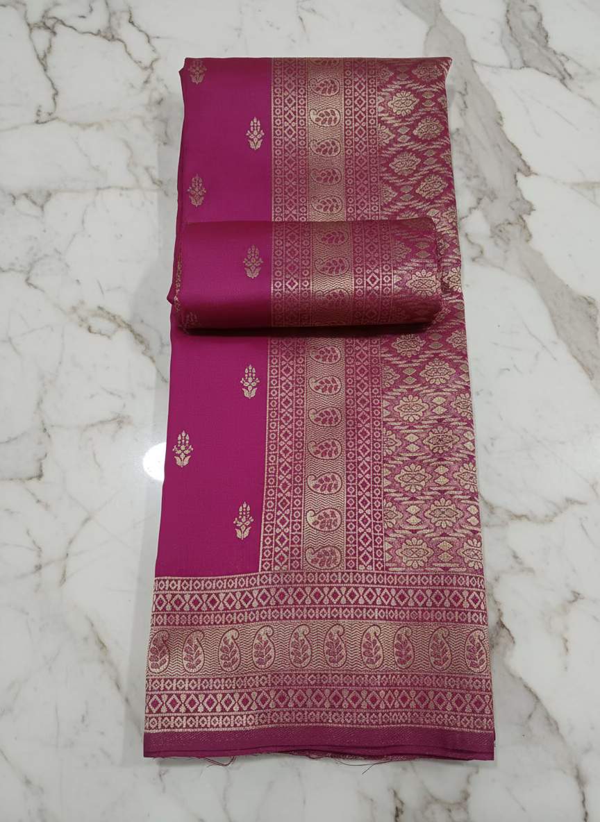 Banarasi Pure Silk Saree with mini gold zari butta motif all over saree with elaborate gold zari border and pallu inDark Pink color