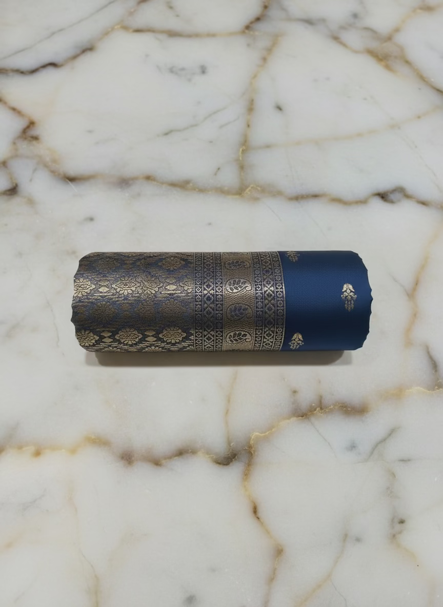 Banarasi Pure Silk Saree with mini gold zari butta motif all over saree with elaborate gold zari border and pallu in Navy Blue color