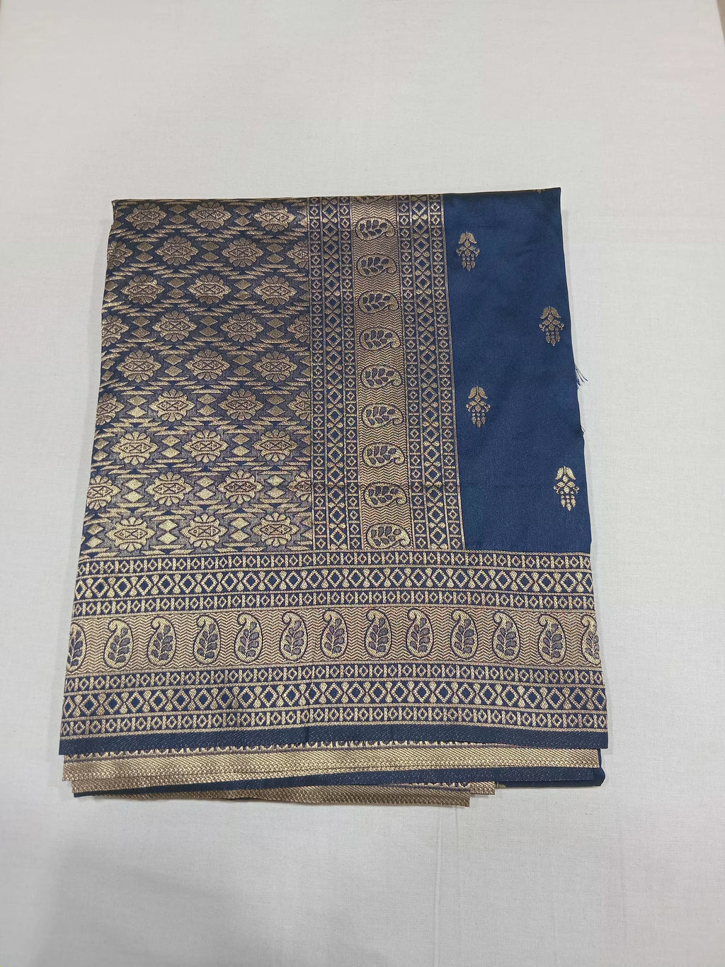 Banarasi Pure Silk Saree with mini gold zari butta motif all over saree with elaborate gold zari border and pallu in Navy Blue color