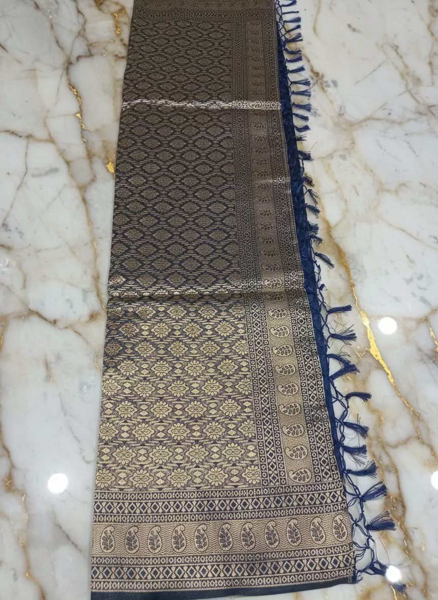 Banarasi Pure Silk Saree with mini gold zari butta motif all over saree with elaborate gold zari border and pallu in Navy Blue color