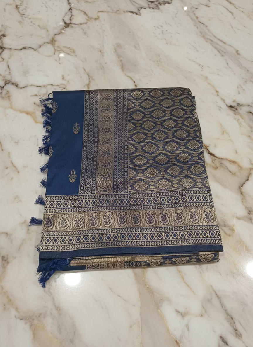Banarasi Pure Silk Saree with mini gold zari butta motif all over saree with elaborate gold zari border and pallu in Navy Blue color