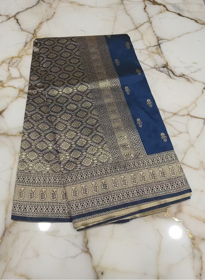 Banarasi Pure Silk Saree with mini gold zari butta motif all over saree with elaborate gold zari border and pallu in Navy Blue color
