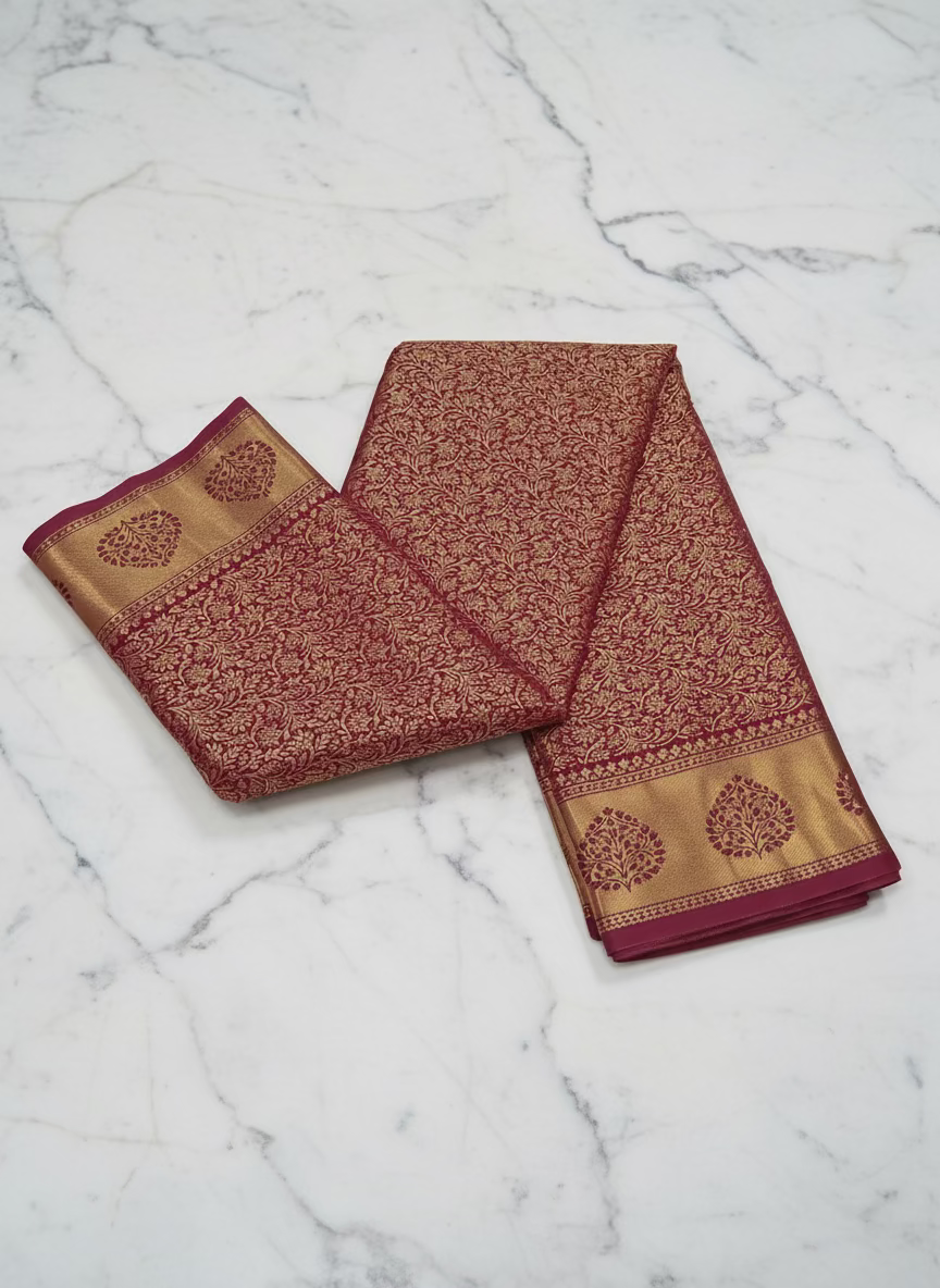 Kanchipuram Pure Silk Saree with detailed Gold Zari Butta motifs and luxurious Pallu with stick on Minakari in Maroon color