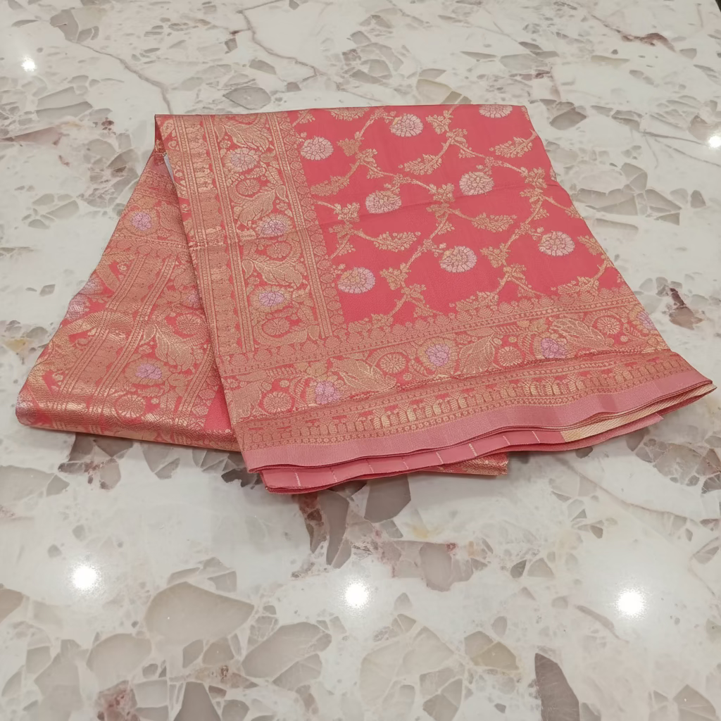 Semi Kanchipuram Silk Saree with Gold Zari Buttas and Pallu in Rich Peach Color