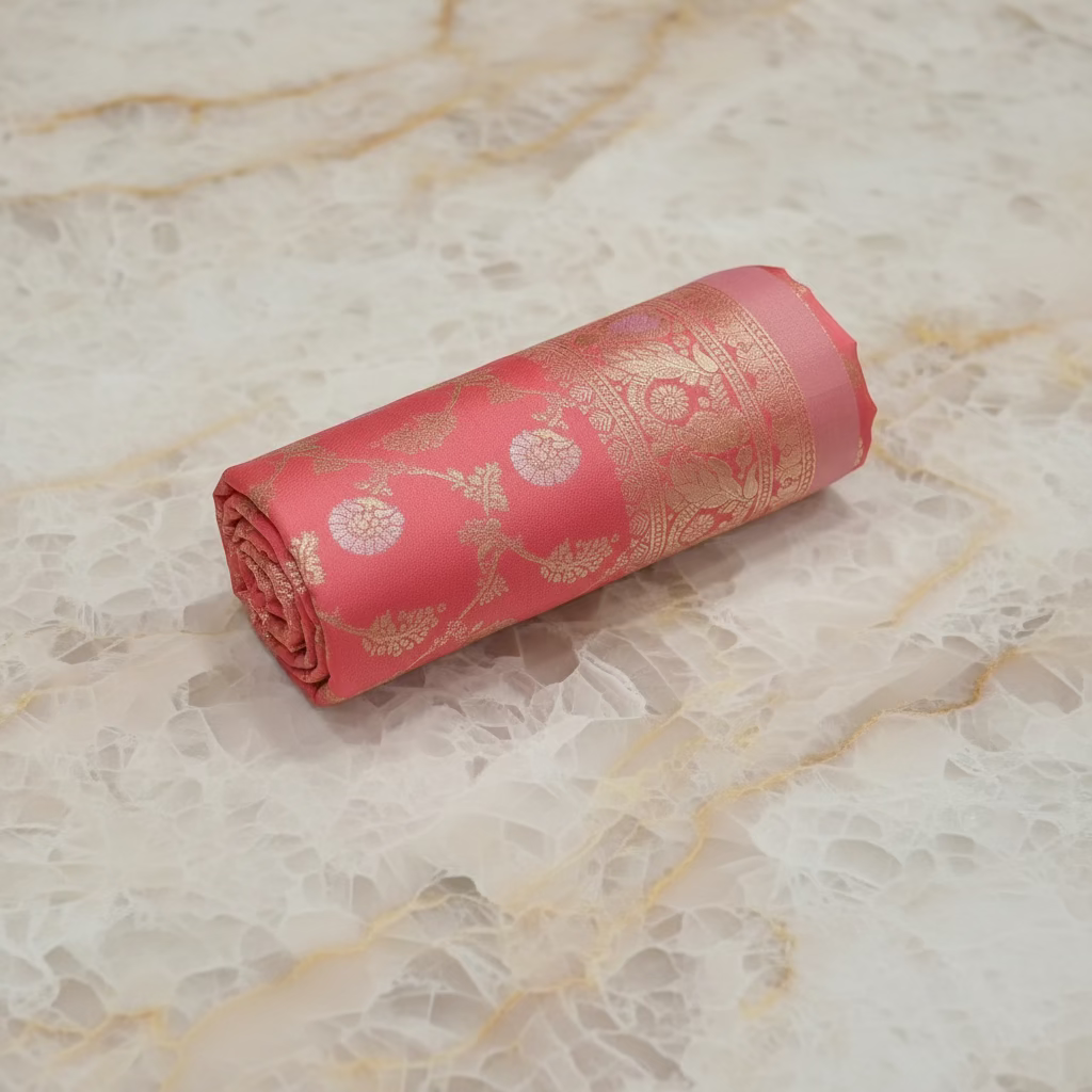 Semi Kanchipuram Silk Saree with Gold Zari Buttas and Pallu in Rich Peach Color
