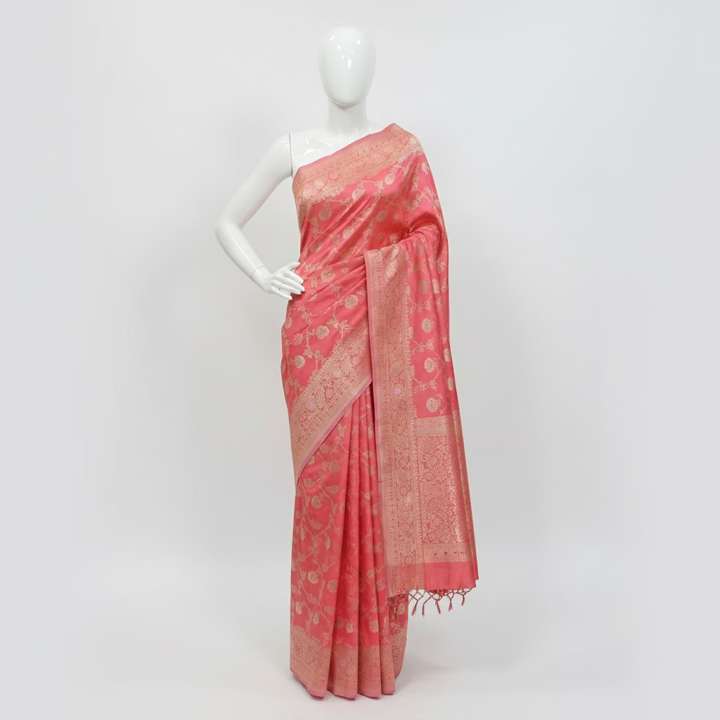 Semi Kanchipuram Silk Saree with Gold Zari Buttas and Pallu in Rich Peach Color