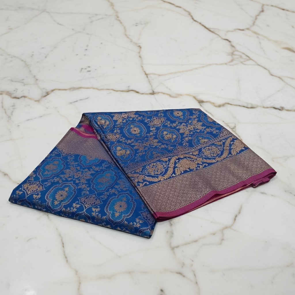 Kanchipuram Pure Silk Saree with detailed Butta motifs and luxurious Pallu in Royal Blue color