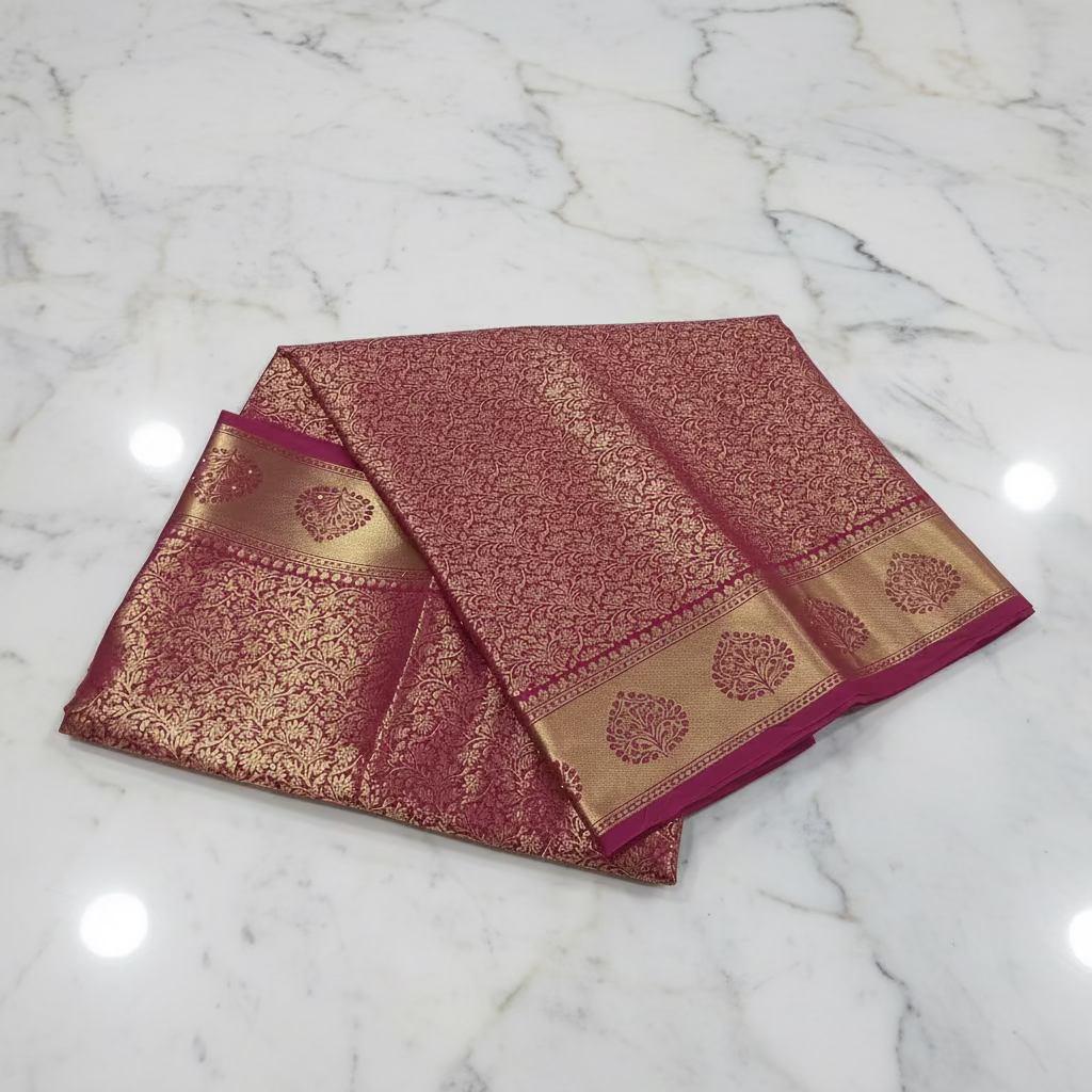 Kanchipuram Pure Silk Saree with detailed Gold Zari Butta motifs and luxurious Pallu with stick on Minakari in Maroon color