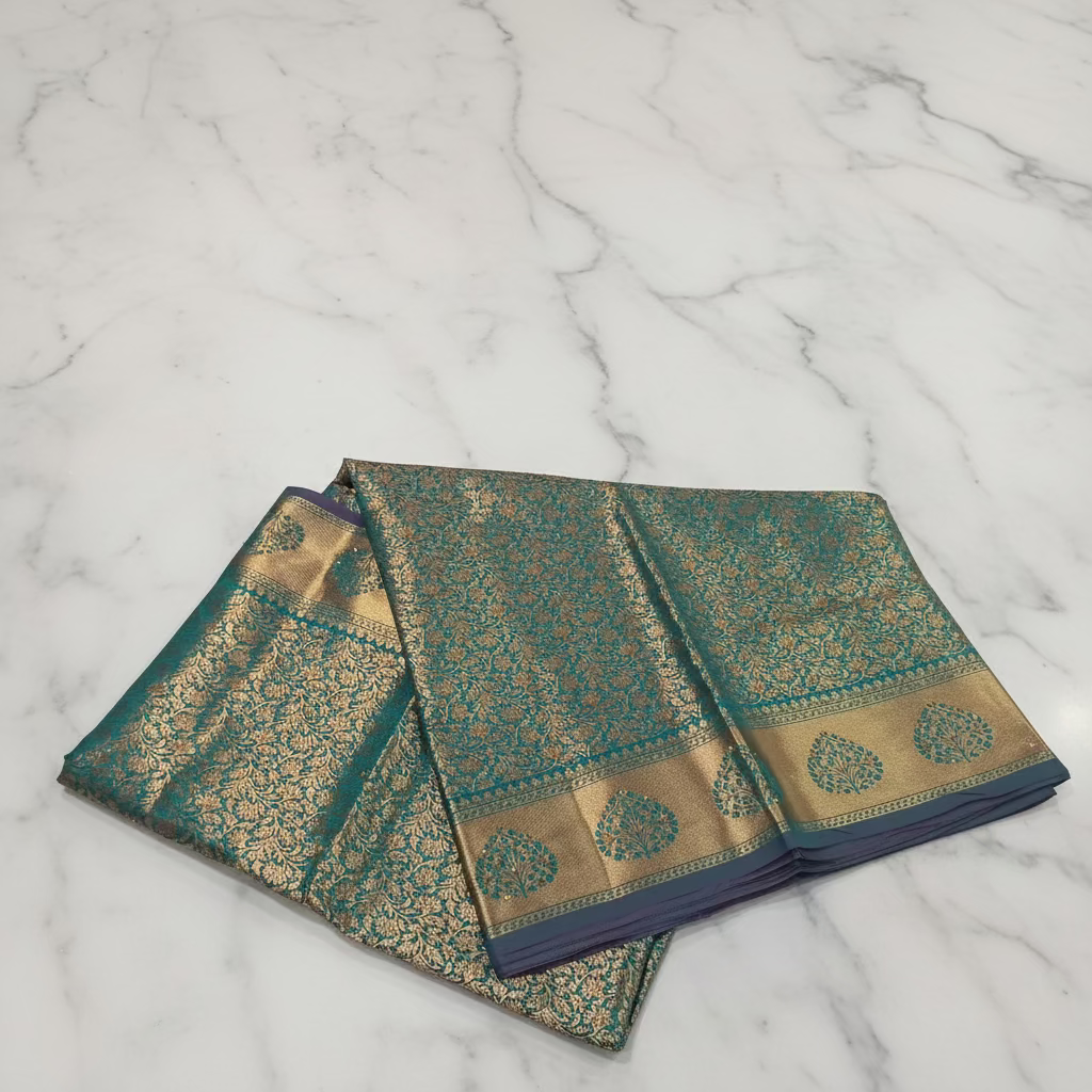 Kanchipuram Pure Silk Saree with detailed Gold Zari Butta motifs and luxurious Pallu with stick on Minakari in Bluish Green color