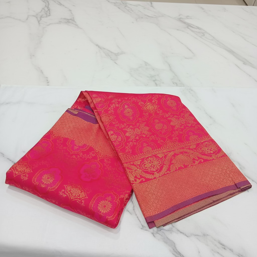 Kanchipuram Pure Silk Saree with detailed Butta motifs and luxurious Pallu in Royal Pink color