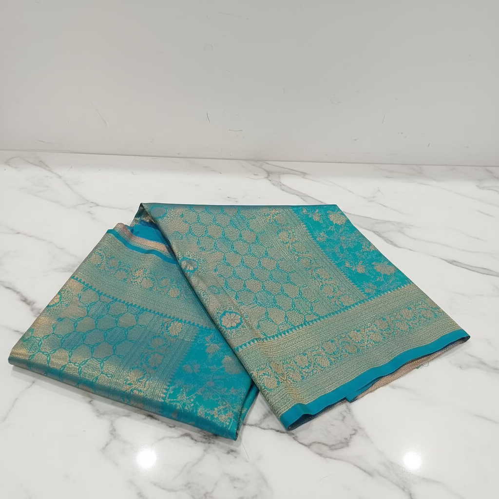 Kanchipuram Pure Silk Saree with detailed Butta motifs and luxurious Pallu in Aqua Blue color