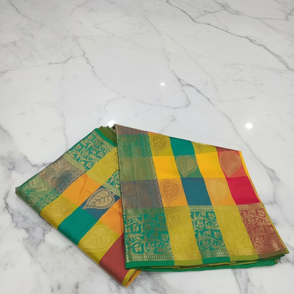 Kanchipuram Pure Silk Saree with Checkered Leaf Butta motifs and luxurious Pallu in Multi Yellow Orange color