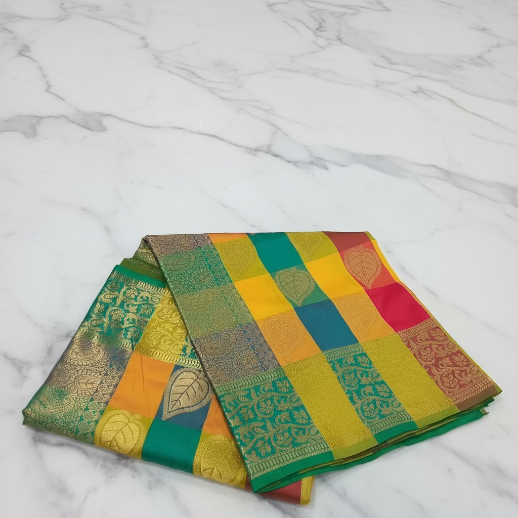 Kanchipuram Pure Silk Saree with Checkered Leaf Butta motifs and luxurious Pallu in Multi Yellow Orange color
