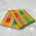 Kanchipuram Pure Silk Saree with Checkered Leaf Butta motifs and luxurious Pallu in Multi Yellow Orange color