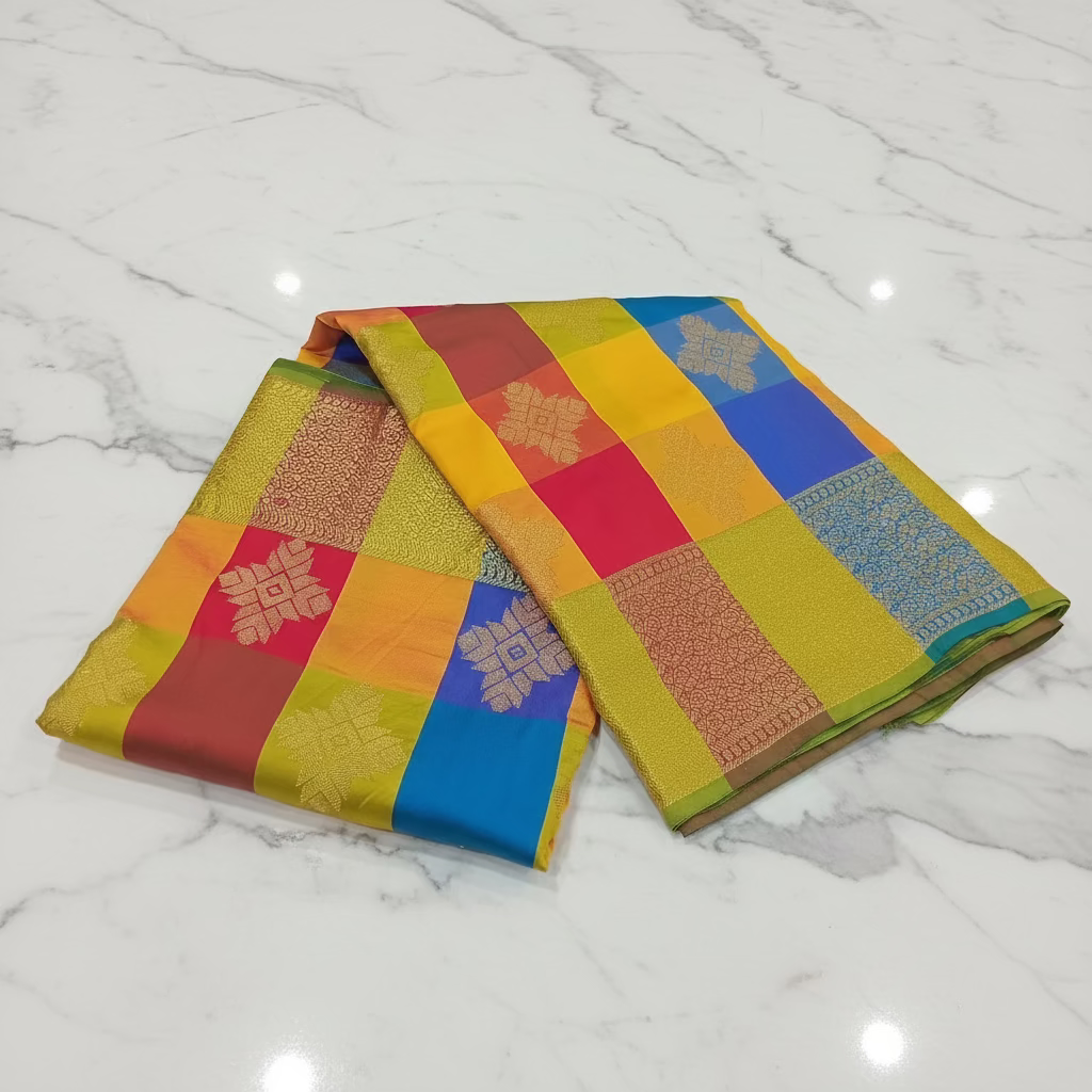 Kanchipuram Pure Silk Saree with Checkered Leaf Butta motifs and luxurious Pallu in Multi Yellow Orange color