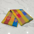 Kanchipuram Pure Silk Saree with Checkered Leaf Butta motifs and luxurious Pallu in Multi Yellow Orange color