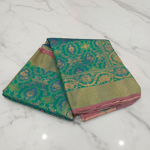 Blue Green Kanchipuram pure silk saree with detailed zari buttas