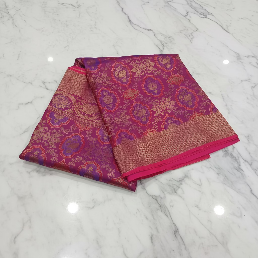 Kanchipuram Pure Silk Saree with detailed Butta motifs and luxurious Pallu in Reddish Pink color