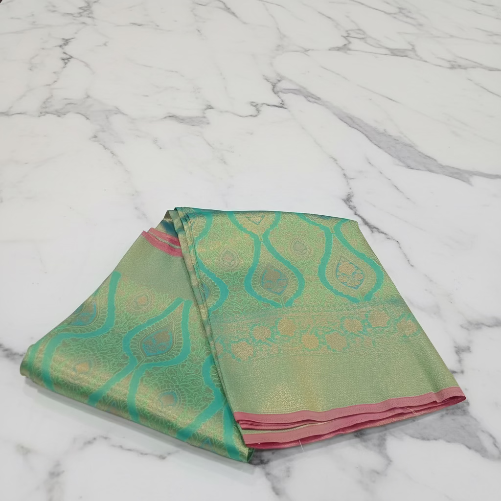 Kanchipuram Pure Silk Saree with detailed Butta motifs and luxurious Pallu in Fresh Green color