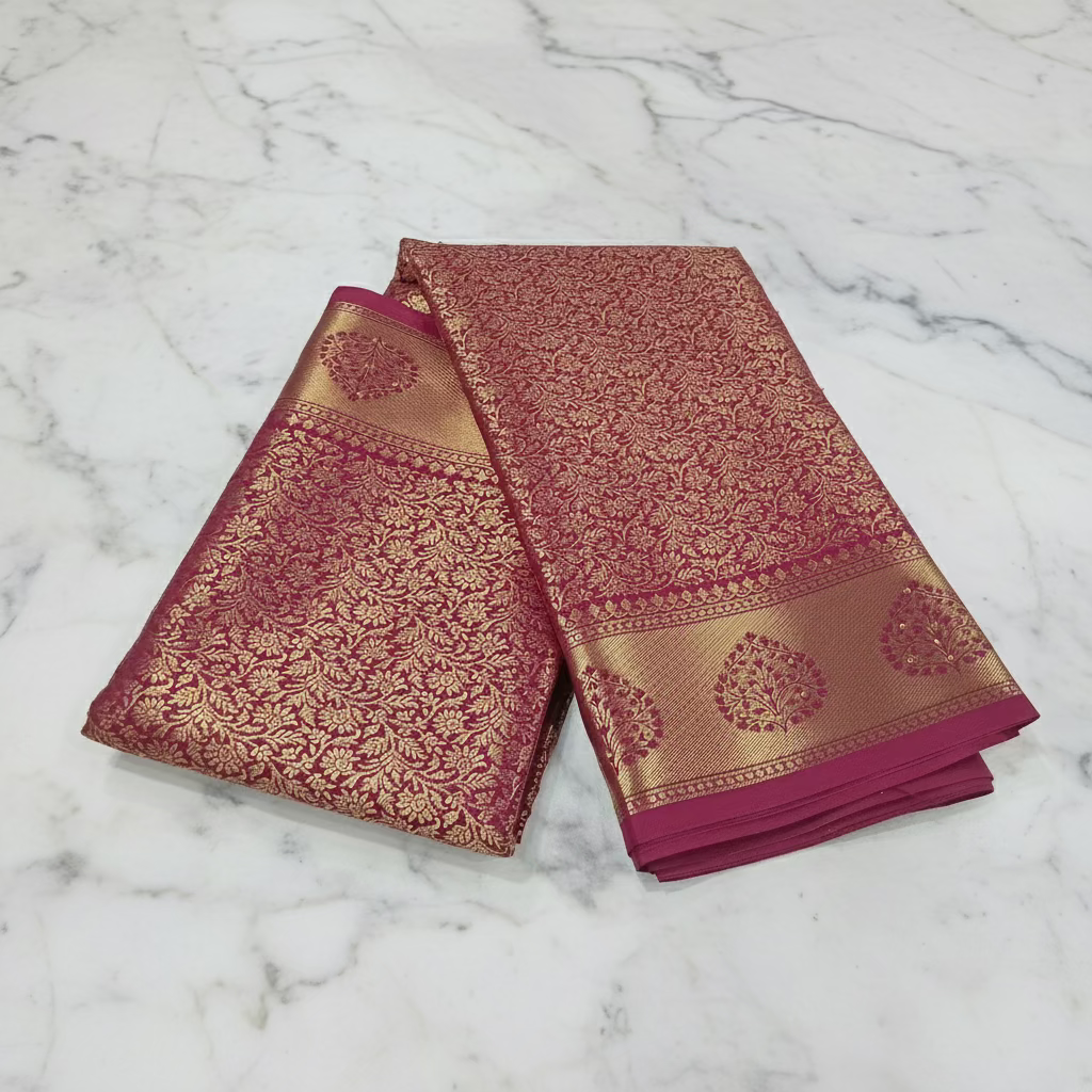Kanchipuram Pure Silk Saree with detailed Gold Zari Butta motifs and luxurious Pallu with stick on Minakari in Maroon color
