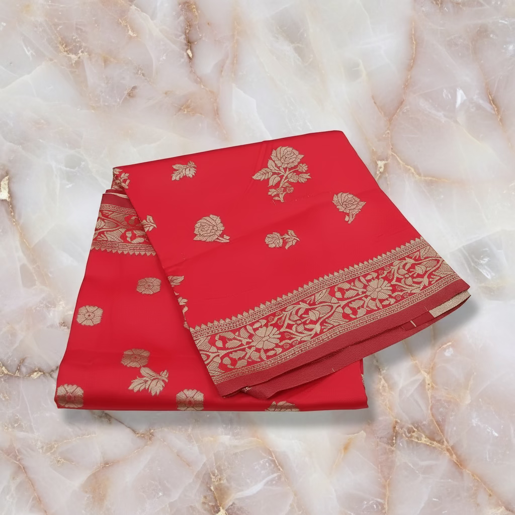 Semi Kanchipuram Silk Saree with Gold Zari Buttas and Pallu in Apple Red Color