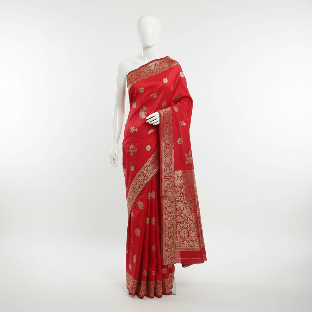 Semi Kanchipuram Silk Saree with Gold Zari Buttas and Pallu in Apple Red Color