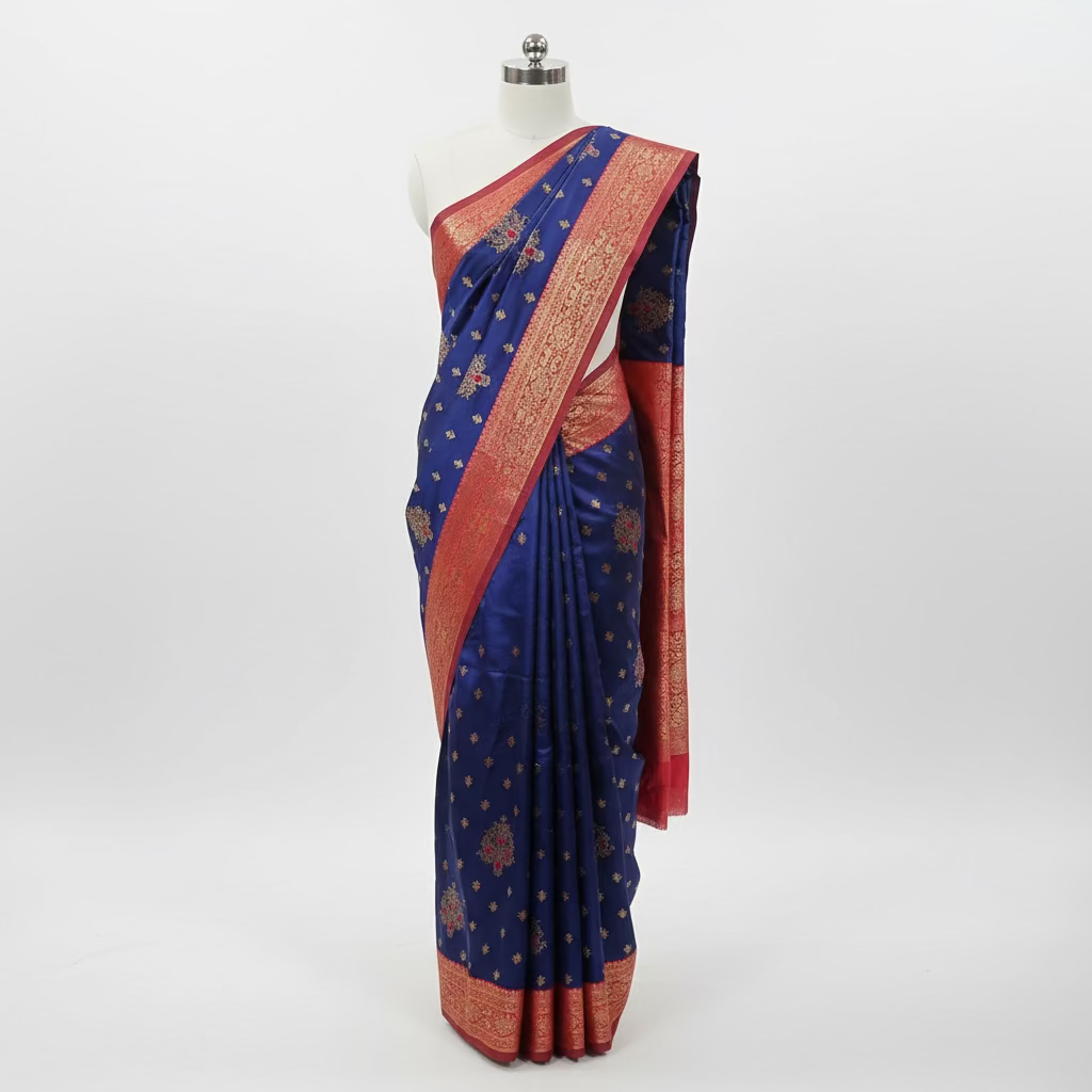 Semi Kanchipuram Silk Saree with Gold Zari Buttas and Pallu in Royal Blue Red color