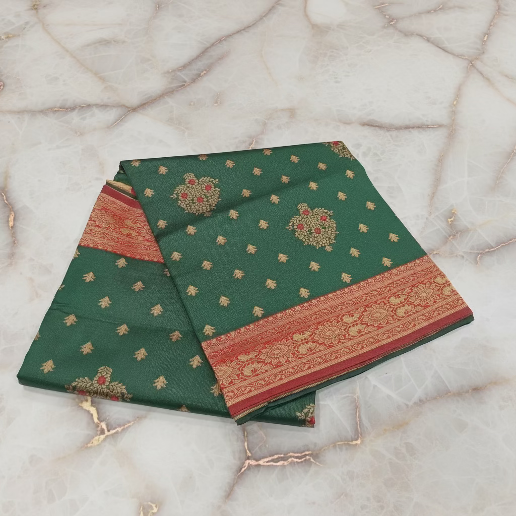 Semi Kanchipuram Silk Saree with Gold Zari Buttas and Pallu in Pine Green Red Color