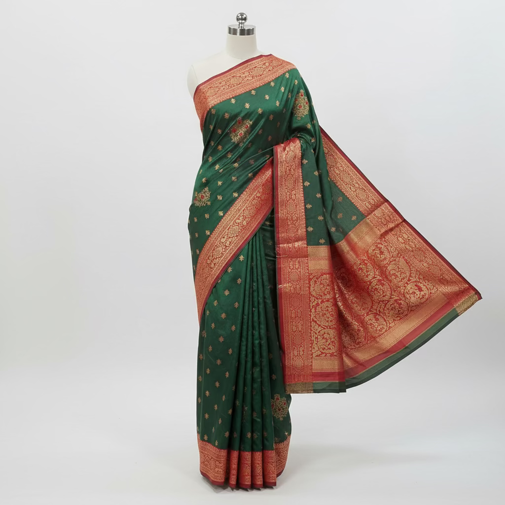 Semi Kanchipuram Silk Saree with Gold Zari Buttas and Pallu in Pine Green Red Color