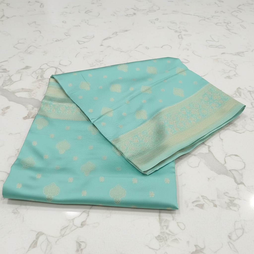 Semi Kanchipuram Silk Saree with Gold Zari Buttas and Pallu in Teal Blue Color