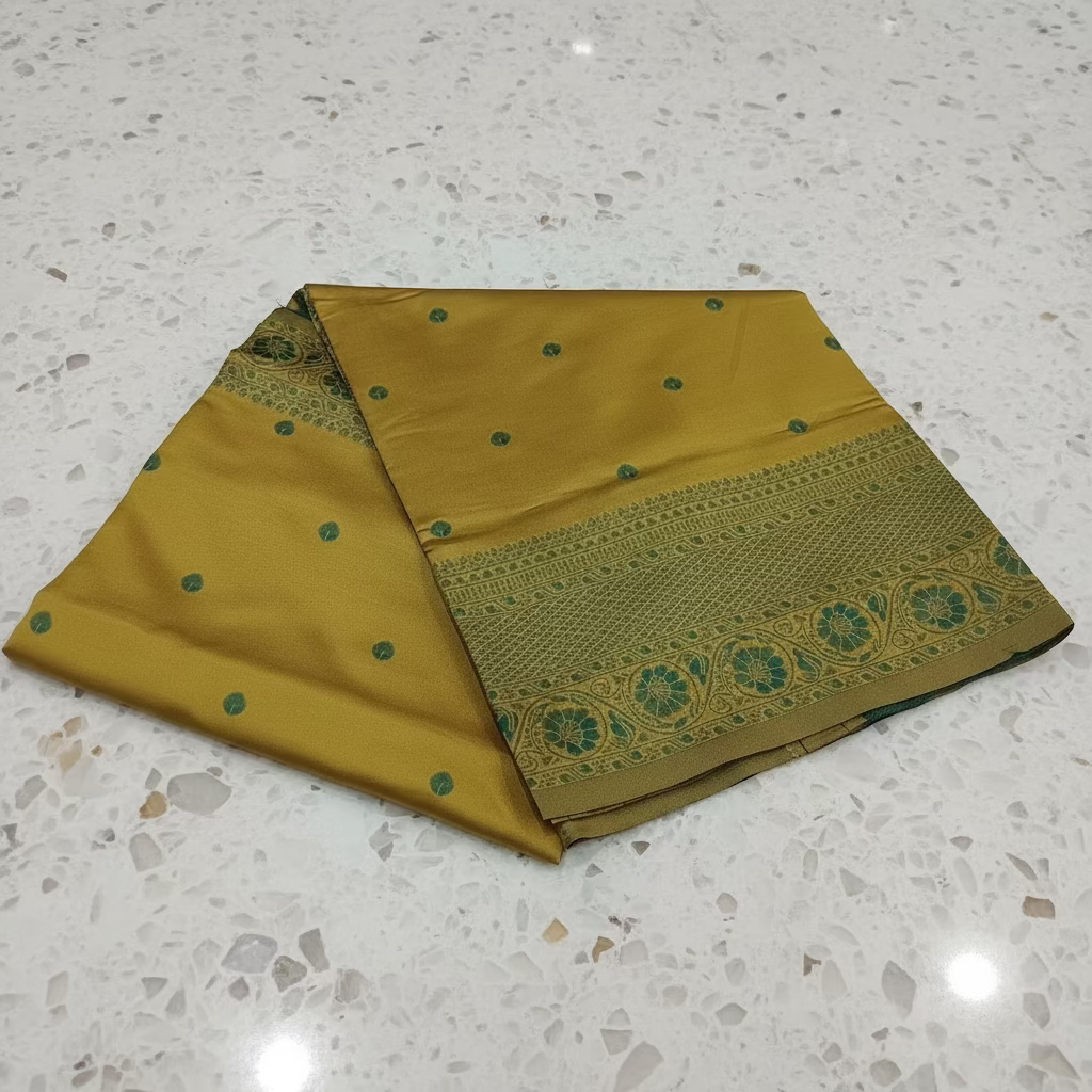 Semi Kanchipuram Silk Saree with Gold Zari Buttas and Contrast Pallu and Border in Yellow Green color