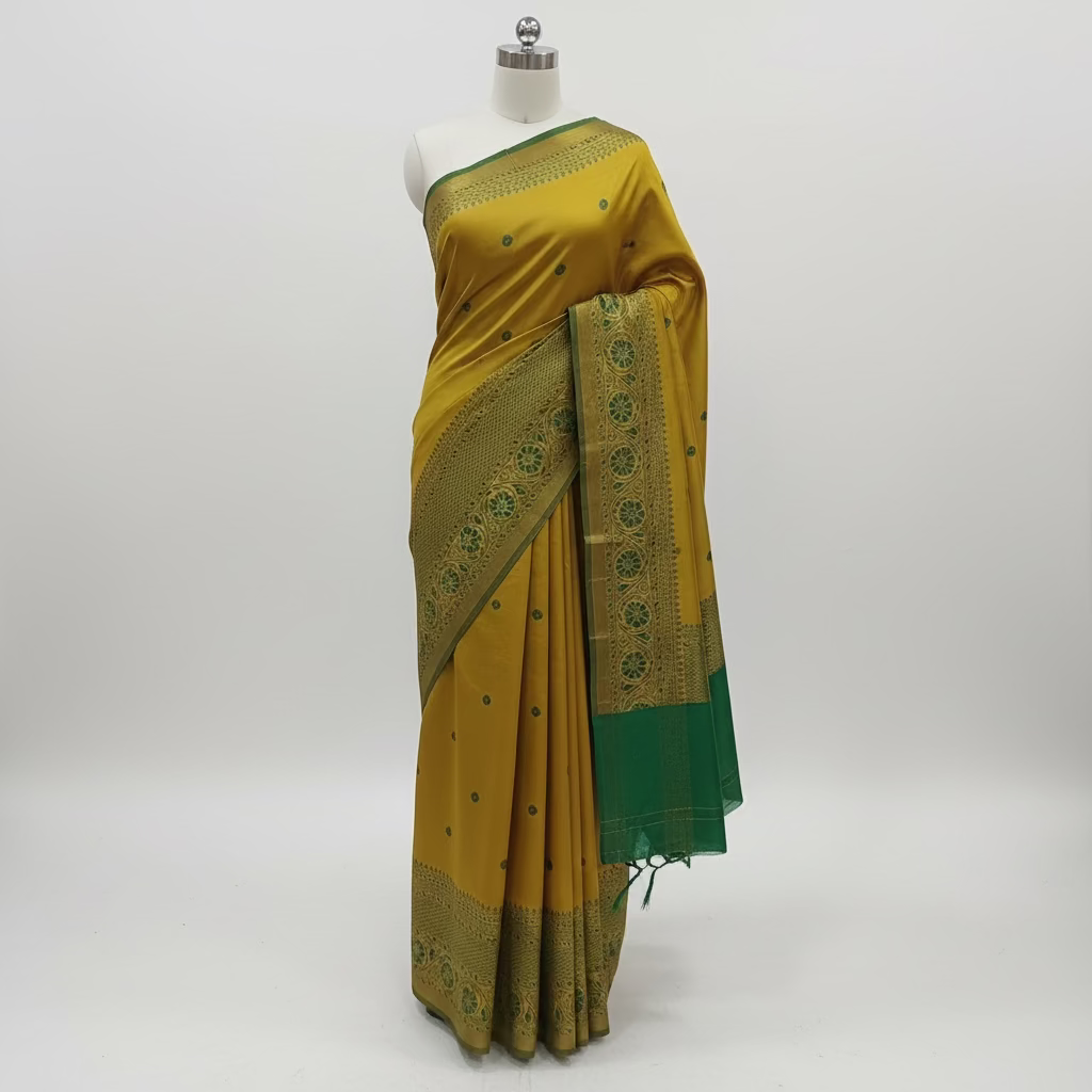 Semi Kanchipuram Silk Saree with Gold Zari Buttas and Contrast Pallu and Border in Yellow Green color