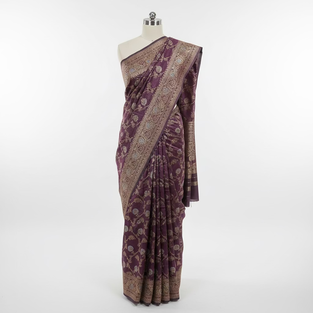 Semi Kanchipuram Silk Saree with Gold Zari Floral Butta and detailed border and Pallu in Royal Purple color