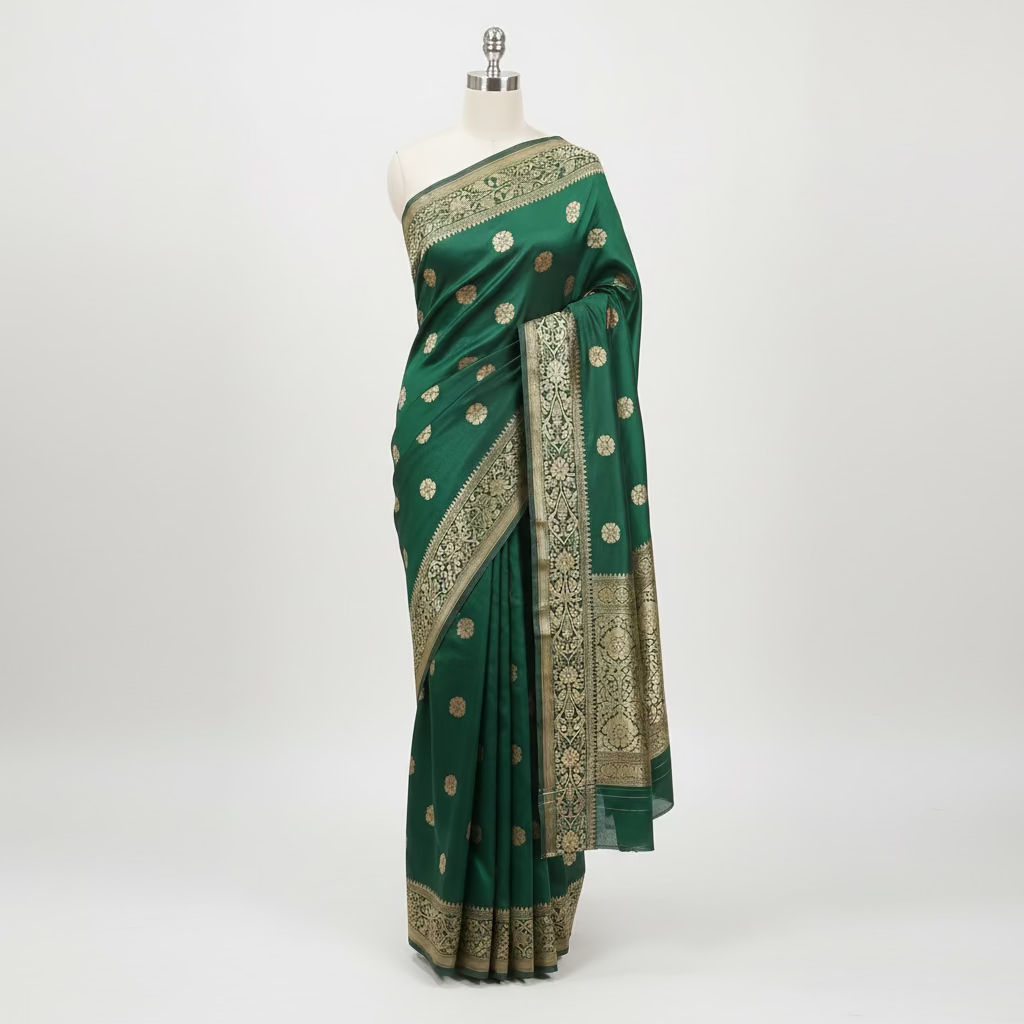 Semi Kanchipuram Silk Saree with Gold Zari Buttas and Pallu in Rich Green Color
